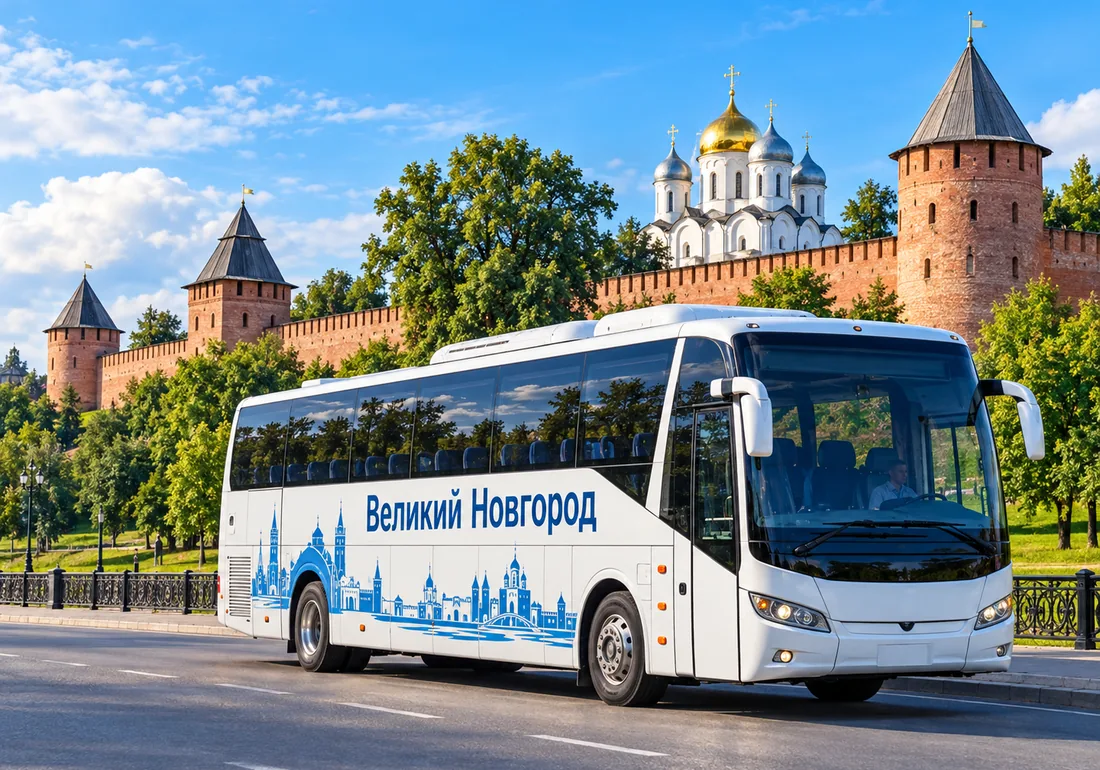 Автобус Великий Новгород на фоне Новгородского кремля